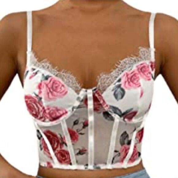 Eyelash Lace Flower Open Back Sheer Adjustable Strap Crop Cami - Picture 1 of 10